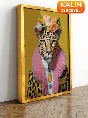 Zestia Gold Çerçeveli Kanvas Tablo Çiçekli Leopar Portre Premium Seri No 112374