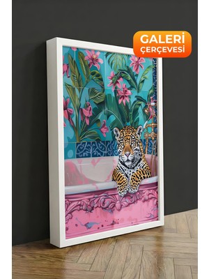 Zestia Beyaz Çerçeveli Kanvas Tablo Leopar, Çiçekli Duvar Kağıdı, Dijital Sanat Premium Seri No 106548