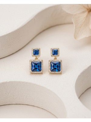 Lyra Sapphire Ikili Kare Safir Mavisi Zirkon Gold Kadın Küpe