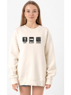 Tshirthane Eat Sleep Anime Ekru Kadın 2ip Sweatshirt