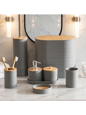 Porsima 4532 8 Parça Banyo Seti - Bambu Kapaklı Çöp Kovası, Sabunluk, Diş Fırçalığı ve Wc Fırçası Gri