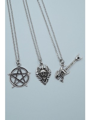 IDR 3'lü Pentagram Kuru Kafa Gitar Diablo Kalkan Gümüş Kaplama Kolye Seti