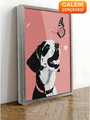 Zestia Gümüş Çerçeveli Kanvas Tablo Köpek ve Kelebek Premium Seri No 112218
