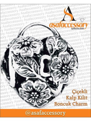 Asaf Accessory Çiçekli Kalp Kilit Boncuk Charm Gümüş Kaplama