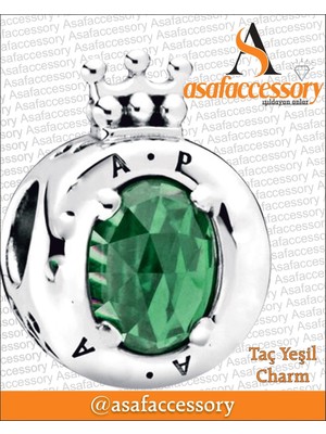 Asaf Accessory Taşlı Taç Yeşil Charm Gümüş Kaplama
