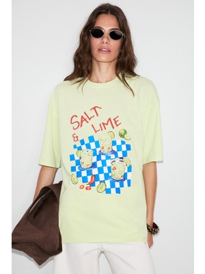 Grimelange Nıtza Kadın %100 Pamuk Oversize Bisiklet Yaka Mint Yeşil T-Shirt