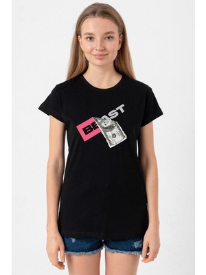 Mr Beast Dollar Bill Siyah Kadın Tshirt