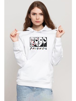 Tshirthane Horror Character Friends Beyaz Kadın 3ip Kapşonlu Sweatshirt