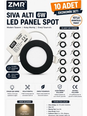 Zmr 10'lu Paket 6W Siyah Kasa Sıvaaltı Panel LED Armatür 4000K (Nötr Beyaz)