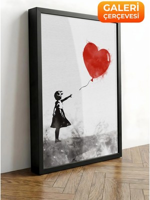 Zestia Siyah Çerçeveli Kanvas Tablo Banksy Tarzı Kırmızı Balonlu Kız Premium Seri No 106452