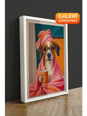 Zestia Beyaz Çerçeveli Kanvas Tablo Spa Sabahı Havlulu Köpek Premium Seri No 109747