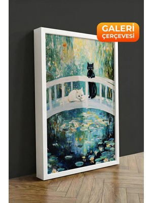 Zestia Beyaz Çerçeveli Kanvas Tablo Kedi ve Monet Tarzı Köprü Premium Seri No 107413