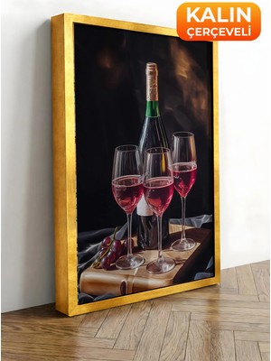 Zestia Gold Çerçeveli Kanvas Tablo Kırmızı Şarap ve Kadehler Premium Seri No 113045