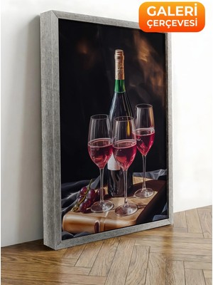 Zestia Gümüş Çerçeveli Kanvas Tablo Kırmızı Şarap ve Kadehler Premium Seri No 113045