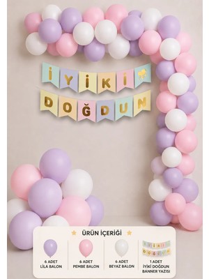 Çavuş E-Ticaret Iyiki Doğdun Yazı Pembe Lila Beyaz Balon Parti Seti Doğum Günü Seti Rengarenk Set