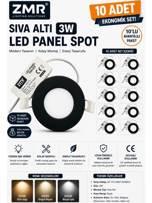 Zmr 10'lu Paket 3W Siyah Kasa Sıvaaltı Panel LED Armatür 4000K (Nötr Beyaz)