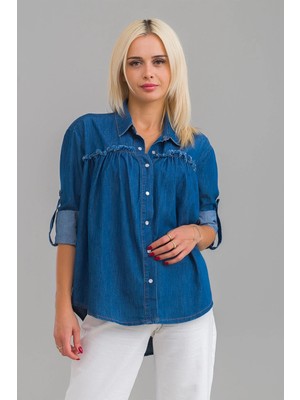 Bold & Young Kadın Pis Dikişli Pamuklu Denim Kumaş Çıtçıtlı Kol Britli Kot Gömlek Indigo