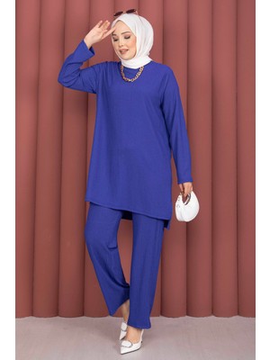 TKM Yanları Yırtmaçlı Tunik Pantolon Takım Saks