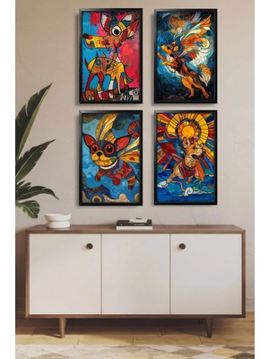 Dekorvia 4 Parça Mdf Tablo Siyah Ahşap Çerçeve Görünümlü Modern Renkli Köpek Sanatı