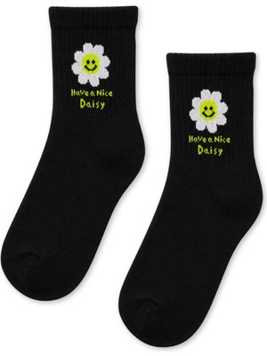 Carnaval Socks Have A Nice Daisy Papatya Desenli Siyah Yarım Konç Kısa Çorap