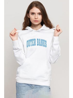Tshirthane Outer Banks Lettern Beyaz Kadın 3ip Kapşonlu Sweatshirt