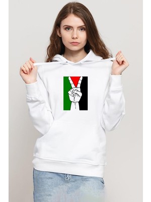 Tshirthane Free Hand Palestine Flag Beyaz Kadın 3ip Kapşonlu Sweatshirt