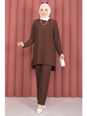 TKM Yanları Yırtmaçlı Tunik Pantolon Takım Kahve