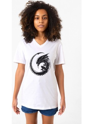 Allien Xenomorph Beyaz Kadın V Yaka Tshirt