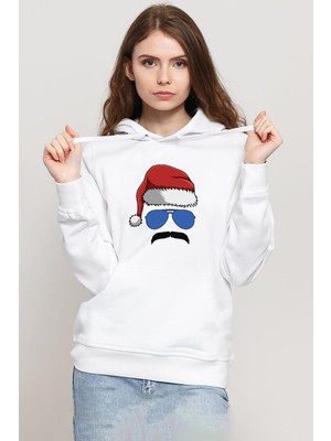 Tshirthane Mustache Christmas Hero Beyaz Kadın 3ip Kapşonlu Sweatshirt