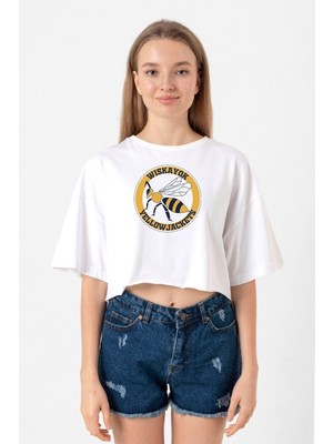 Wiskayok Yellowjackets Logo Beyaz Kadın Crop Tshirt