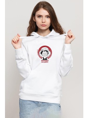 Tshirthane One Piece Anime Monkey D Luffy Beyaz Kadın 3ip Kapşonlu Sweatshirt
