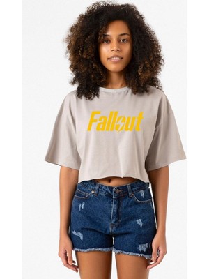 Fallout Lettern Taş Rengi Kadın Crop Kapşonlu