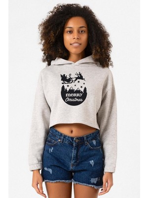 Tshirthane Merry Christmas Sleigh Grimelanj Kadın Crop Kapşonlu