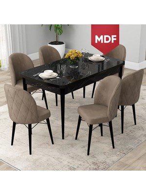 Canisa Concept Rut Serisi MDF Açılabilir 80X132 Siyah Mermer Desen Mutfak Masası Takımı ve 6 Sandalye