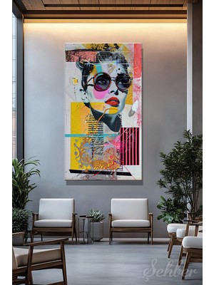 Şehber Panoramik Dikey Kanvas Tablo Tekli Ev Kafe Ofis Postmodern Popart Kadın Portre 2014