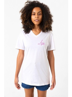 Blackpink Lisa Signature Beyaz Kadın V Yaka Tshirt