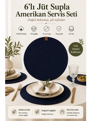 Fabrix Home 6 Adet Lacivert Jüt Supla / Amerikan Servis Lux Sunum Tabak Altlığı