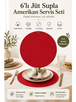 Fabrix Home 6 Adet Kırmızı Jüt Supla / Amerikan Servis Lux Sunum Tabak Altlığı