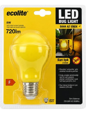 Ecolite LED Bug Light 8W Sarı Işık Sinek Kovucu Ampul E27 Duy 720 Lümen 2300K Dış Mekan Bahçe Balkon Veranda Teras LED Ampul