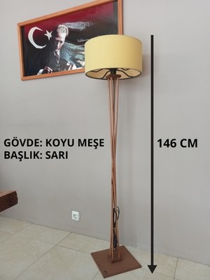 Balsa Dekor Ahşap Lambader-Köşe Lambası-Sarı Kumaş Başlık- Koyu Meşe