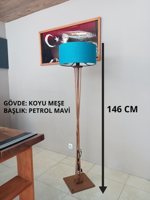 Balsa Dekor Köşe Lambası- Ahşap Lambader- Petrol Mavi-Koyu Meşe