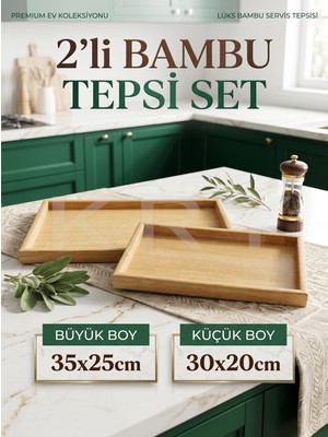 Kry 2'li Bambu Ahşap Sunum Tepsisi Seti – Dekoratif Organizer Tepsi Büyük & Küçük Boy
