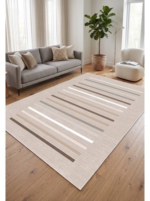 Mortapi Yatay Çizgili Desen Modern Baskı Kaymaz Taban Yıkanabilir Salon Halısı Yolluk Hol ve Mutfak Halısı