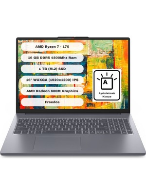 Lenovo Ideapad Slim 3 16ARP10 Amd Ryzen 7 170 16GB (DDR5-4800) 1TB SSD 16" WUXGA (1920x1200) IPS 60Hz Freedos 83K80084TR