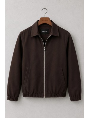 Mero Life Erkek Basic Old Money Fermuarlı Oversize Mevsimlik Polo Yaka Gabardin Kumaş Ceket