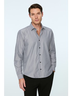 Morven  Erkek Siyah Polyester Trend Çizgili Dynamic Fit Sert Yaka Gömlek
