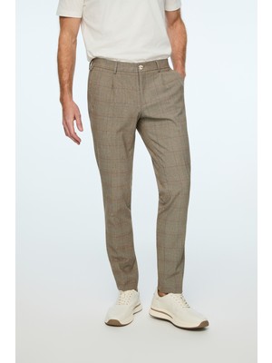 Morven  Erkek Kahve Poliviskon Trend Ekoseli Slim Fit Pantolon