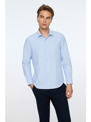 Morven  Erkek A. Mavi Polyester Trend Çizgili Dynamic Fit Sert Yaka Gömlek