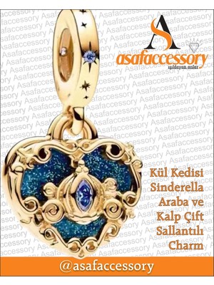 Asaf Accessory Kül Kedisi Sinderella Araba ve Kalp Çift Sallantılı Charm Gümüş