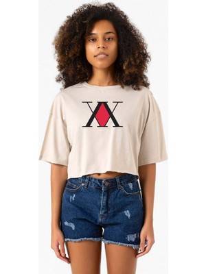 Hunter x Hunter Anime Logo Bej Kadın Crop Tshirt